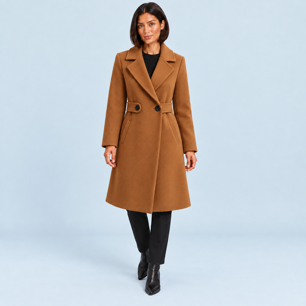 Manteau mi-long femme camel à taille boutonnée, vue de face sur le modèle C