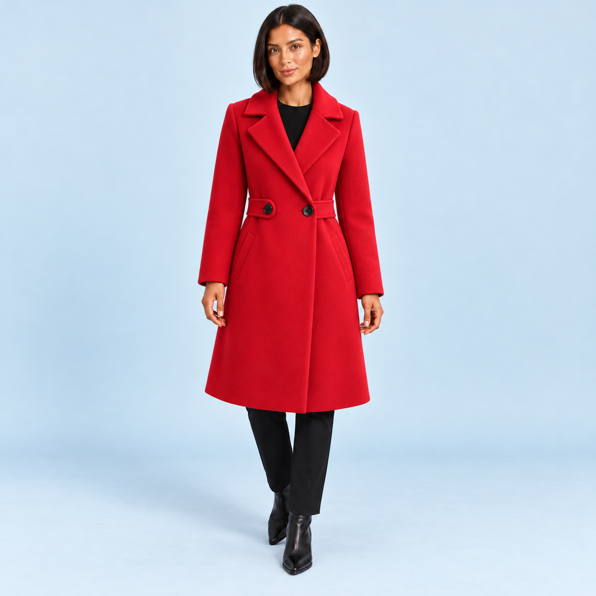 Manteau mi-long femme rouge à taille boutonnée, vue de face sur le modèle C