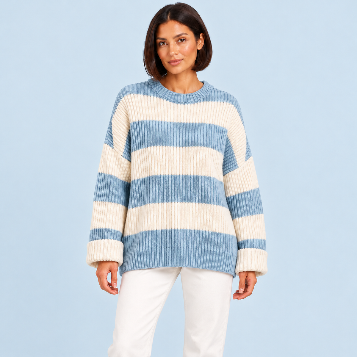 Pull femme rayé en maille côtelée à col rond — bleu-clair-face