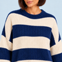 Pull femme rayé en maille côtelée à col rond — bleu-detail