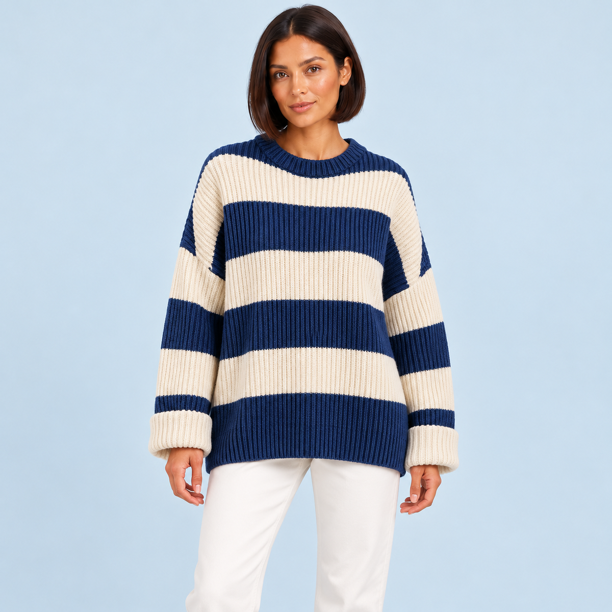 Pull femme rayé en maille côtelée à col rond — bleu-face