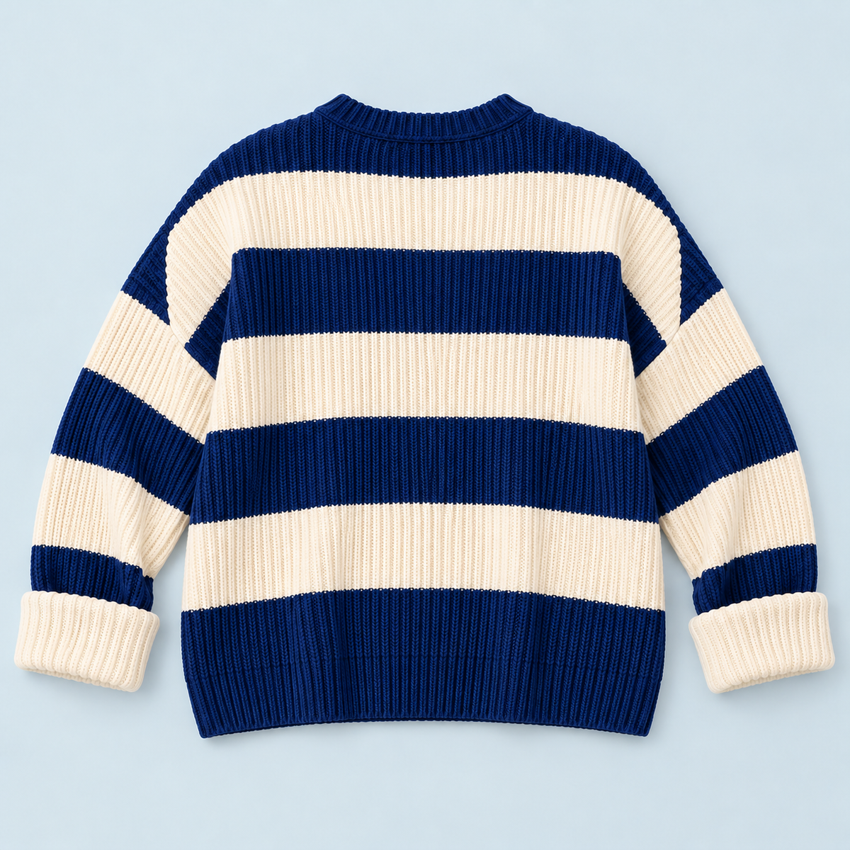 Pull femme rayé en maille côtelée à col rond — bleu-plat-dos — dos reconstitué — détails à vérifier