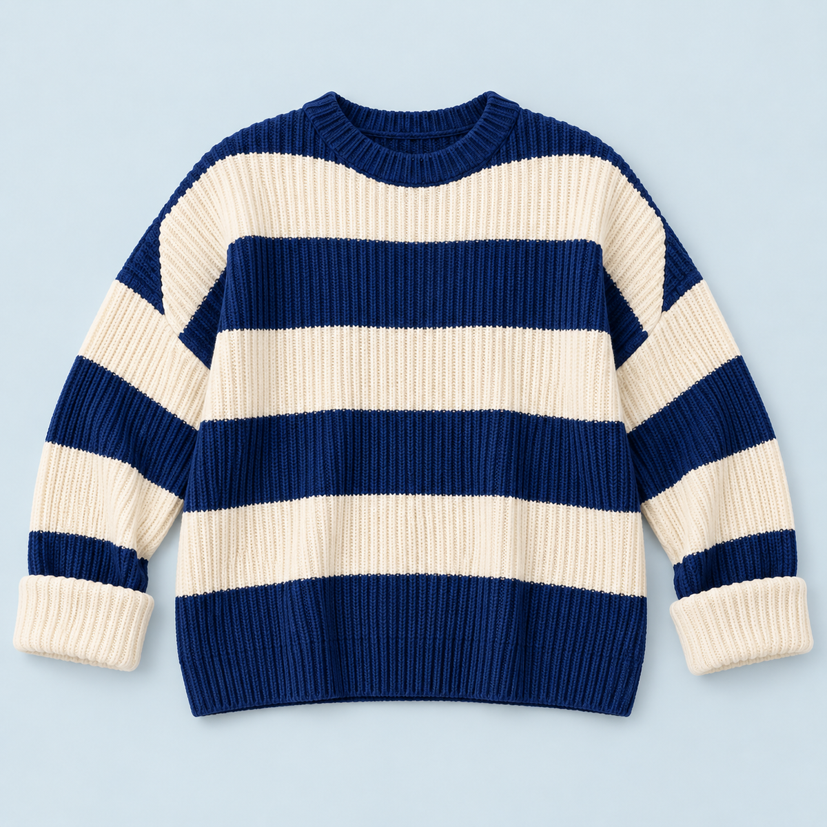 Pull femme rayé en maille côtelée à col rond — bleu-plat-face