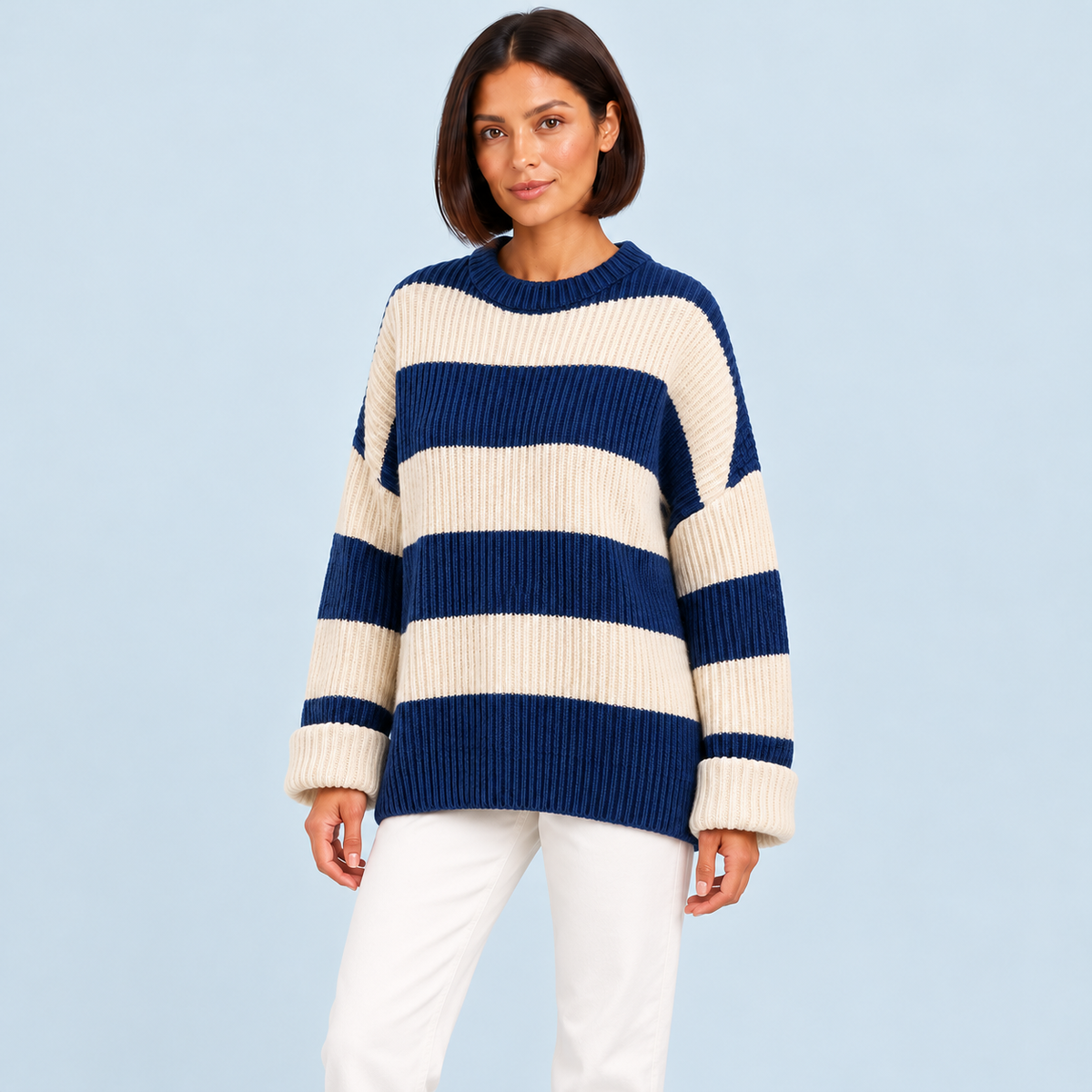 Pull femme rayé en maille côtelée à col rond — bleu-trois-quarts