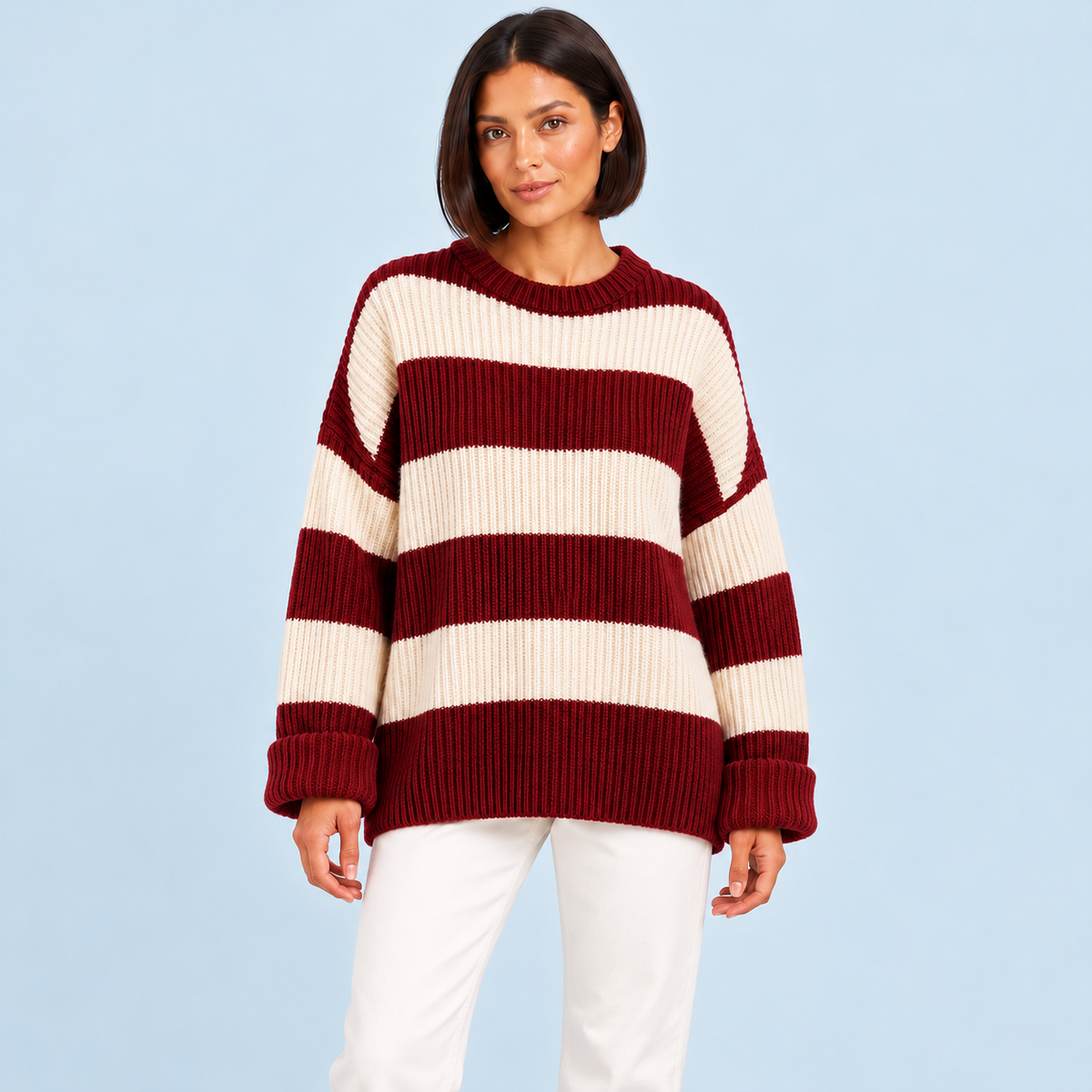 Pull femme rayé en maille côtelée à col rond — bordeaux-face