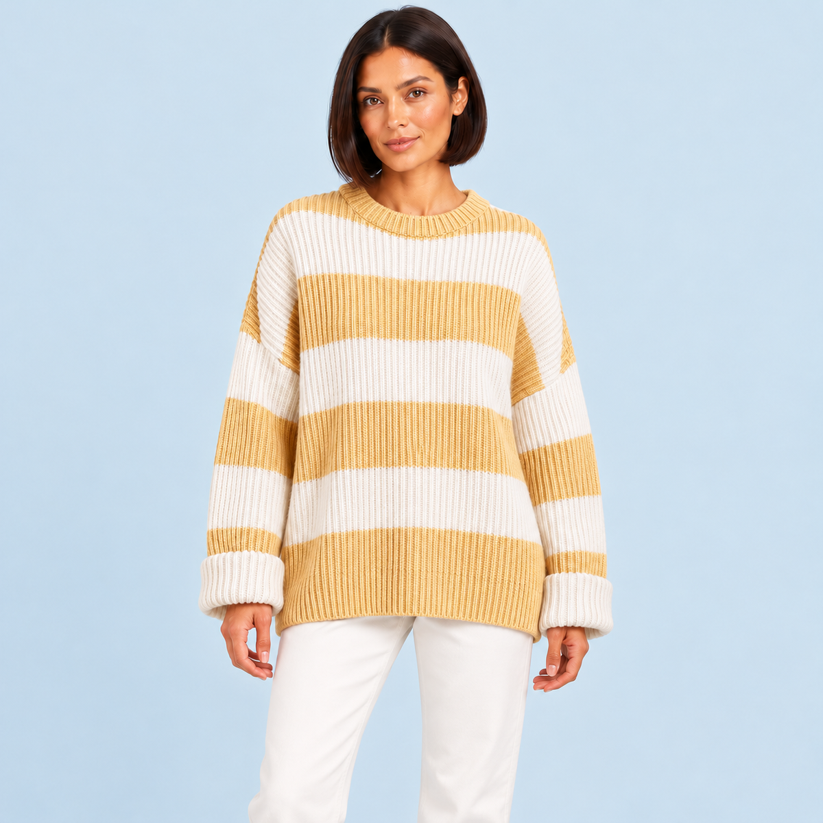 Pull femme rayé en maille côtelée à col rond — jaune-face