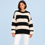 Pull femme rayé en maille côtelée à col rond — noir-face