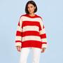 Pull femme rayé en maille côtelée à col rond — rouge-face