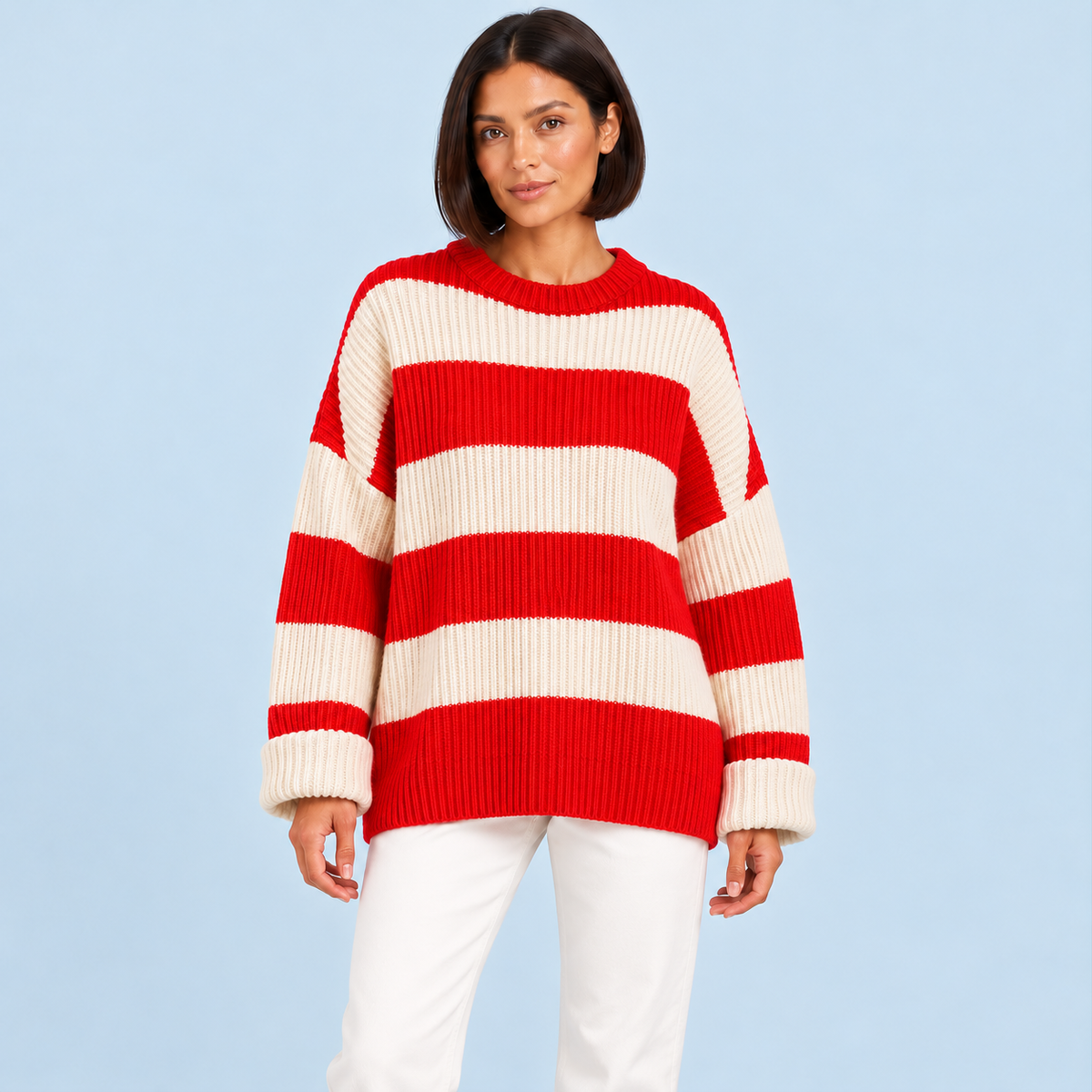 Pull femme rayé en maille côtelée à col rond — rouge-face