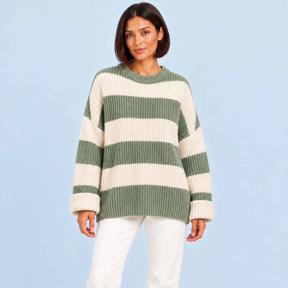 Pull femme rayé en maille côtelée à col rond — vert-face