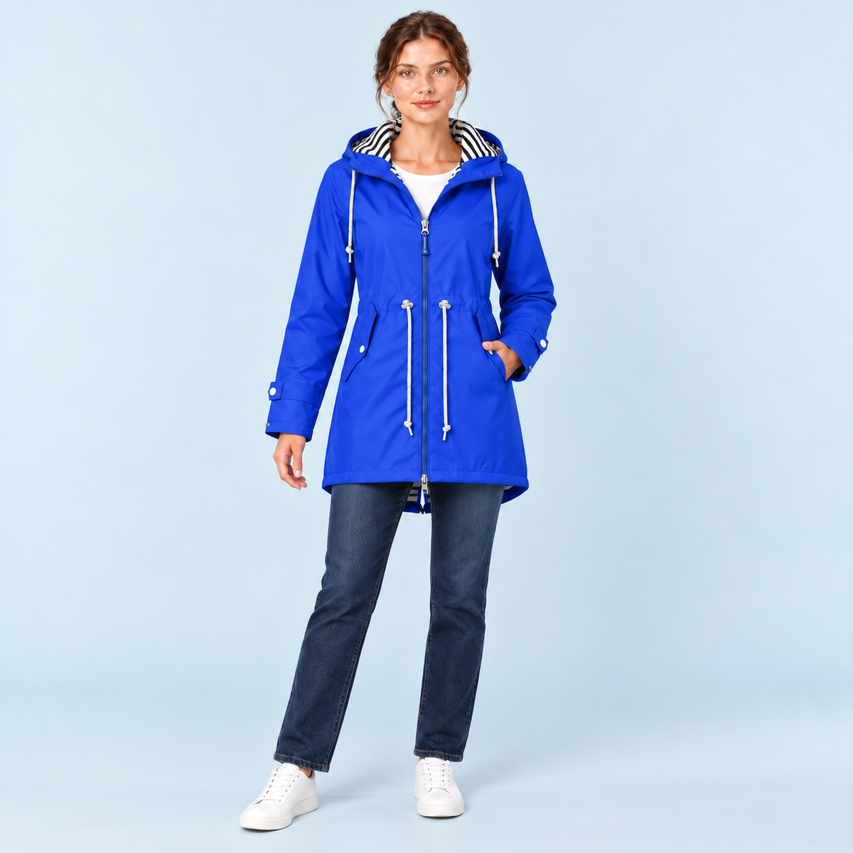 Parka femme à capuche rayée et taille ajustable — bleu — face