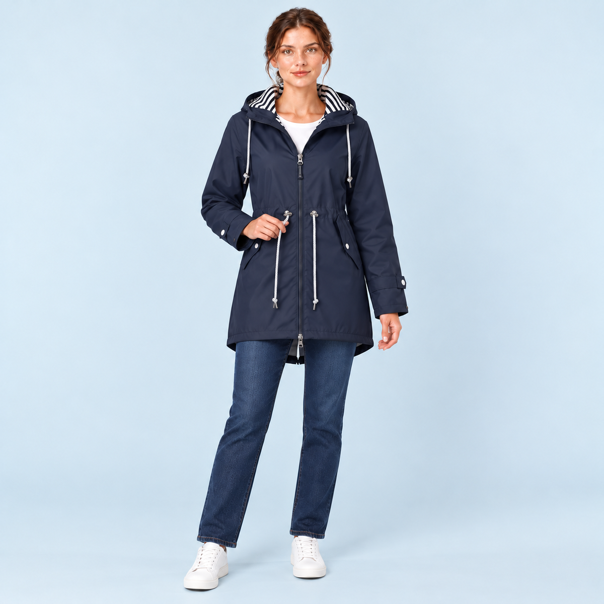 Parka femme à capuche rayée et taille ajustable — bleu-marine — face
