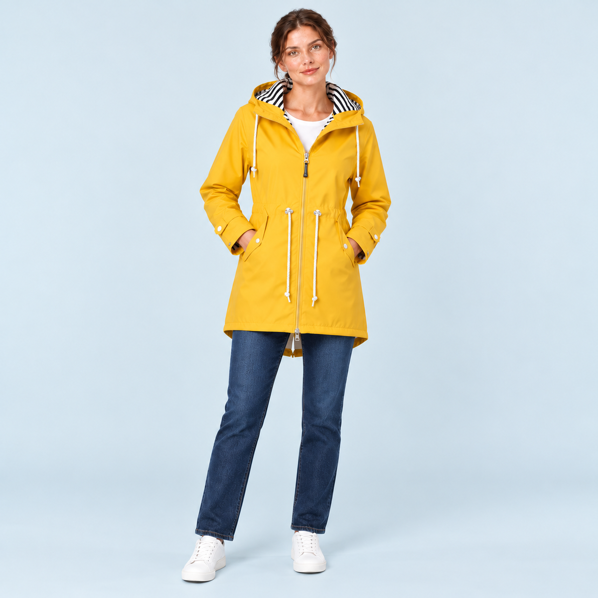 Parka femme à capuche rayée et taille ajustable — jaune — face