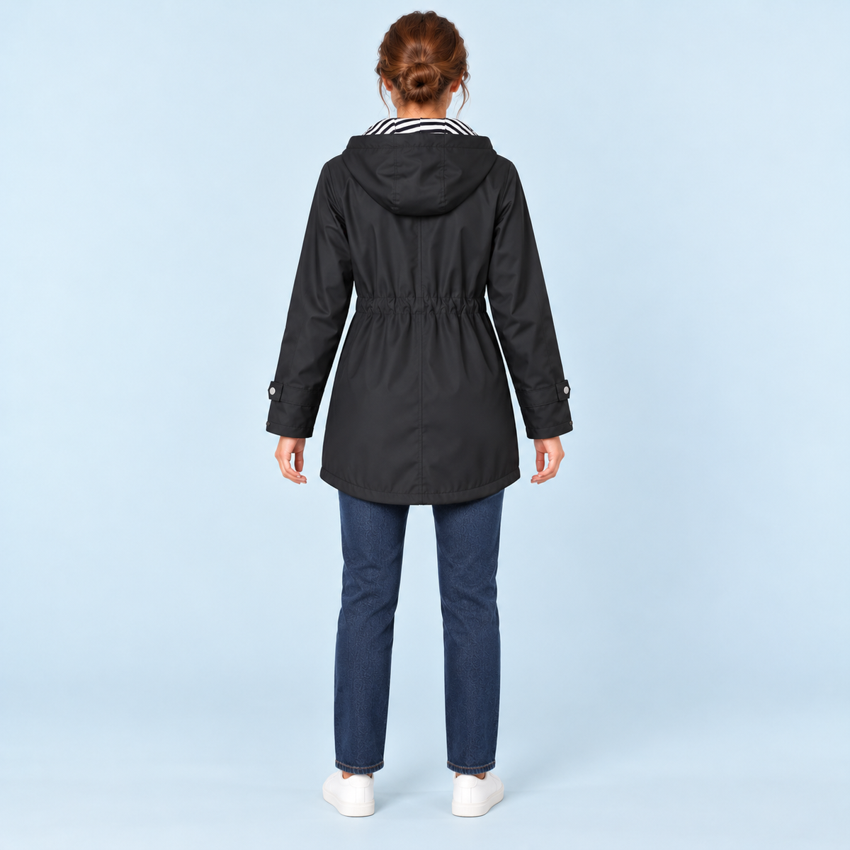 Parka femme à capuche rayée et taille ajustable — noir — dos