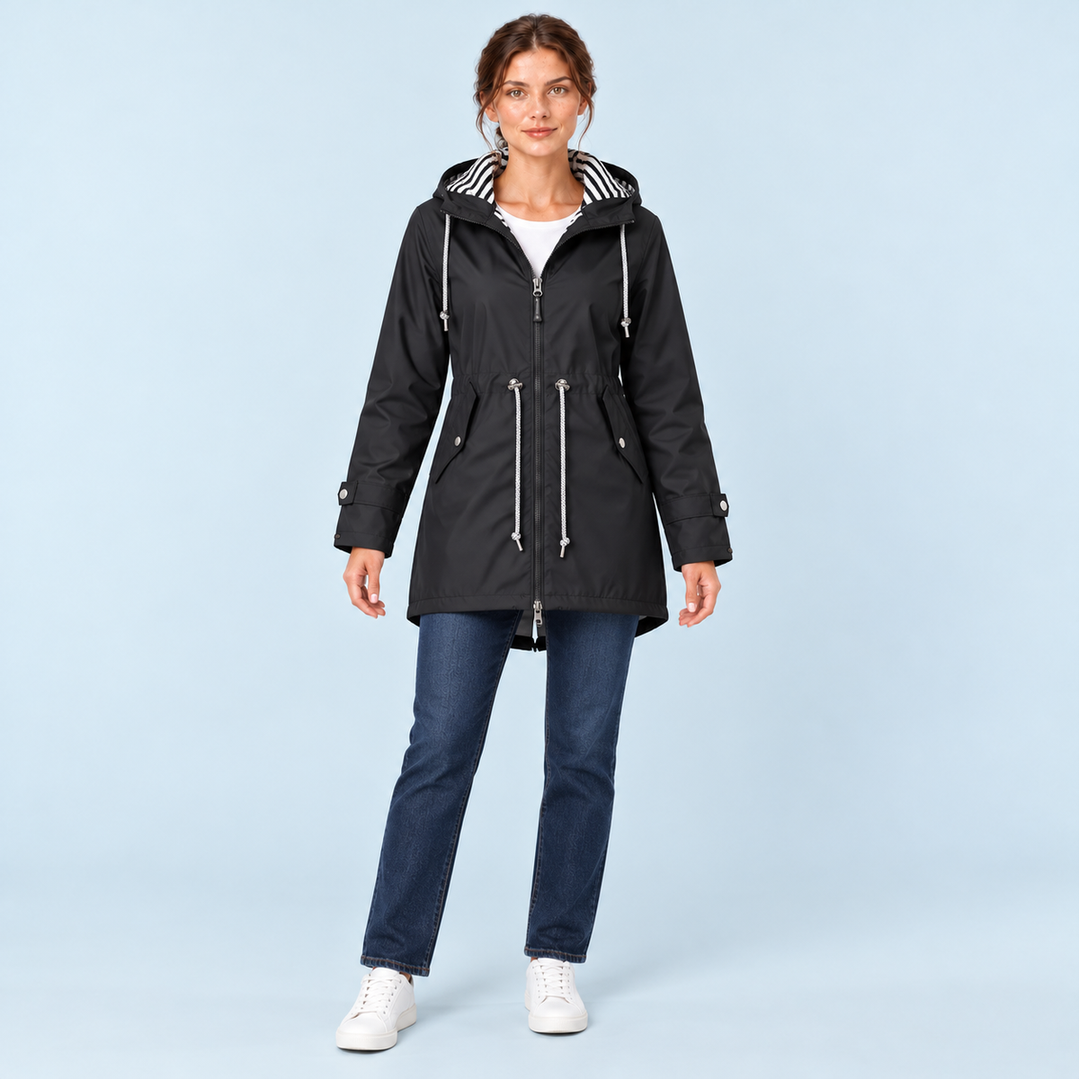 Parka femme à capuche rayée et taille ajustable — noir — face