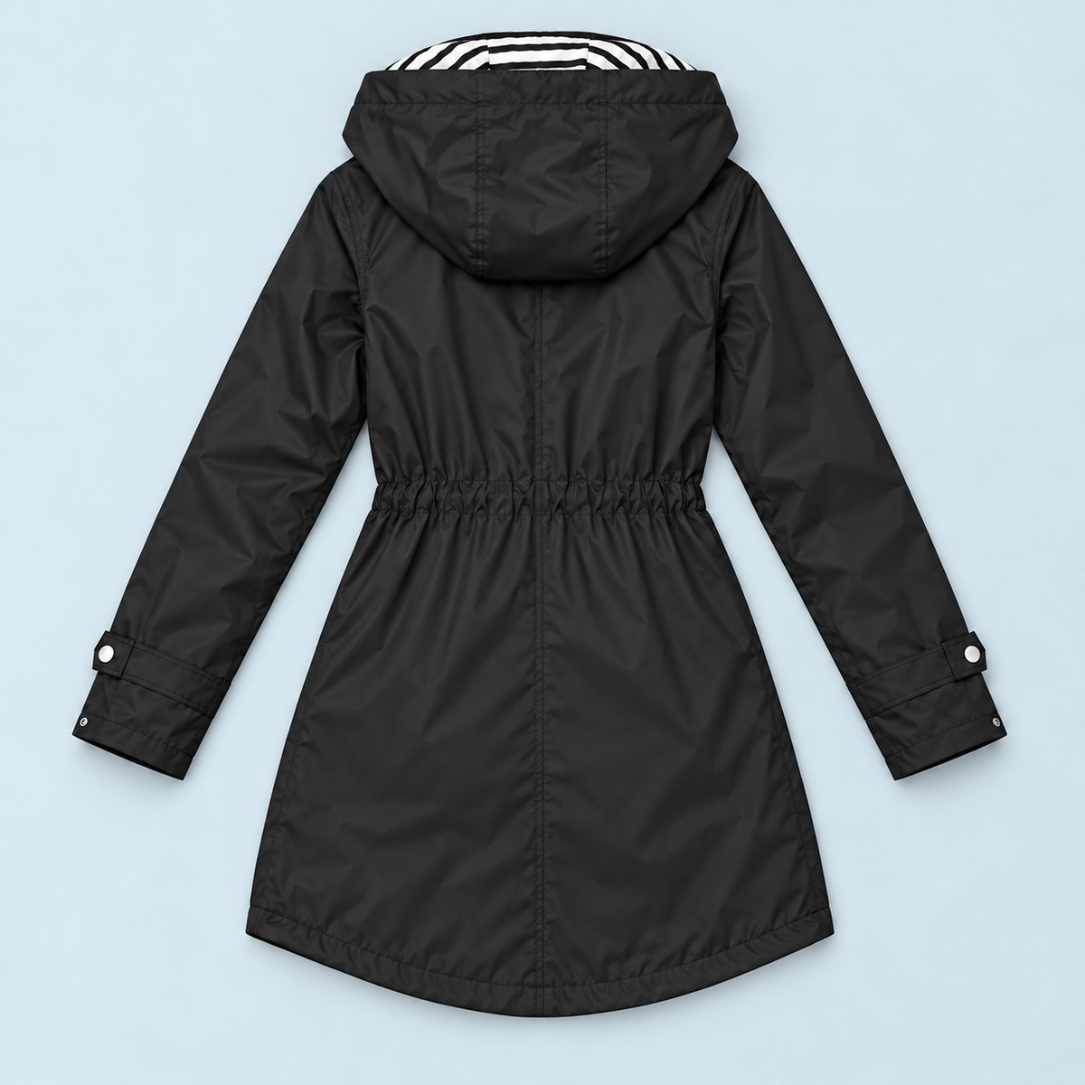 Parka femme à capuche rayée et taille ajustable — noir — plat-dos