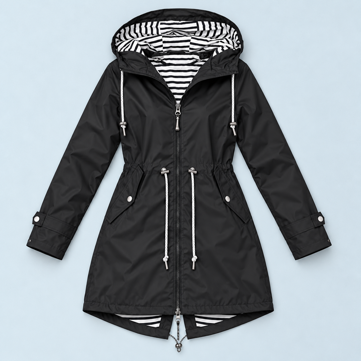 Parka femme à capuche rayée et taille ajustable — noir — plat-face
