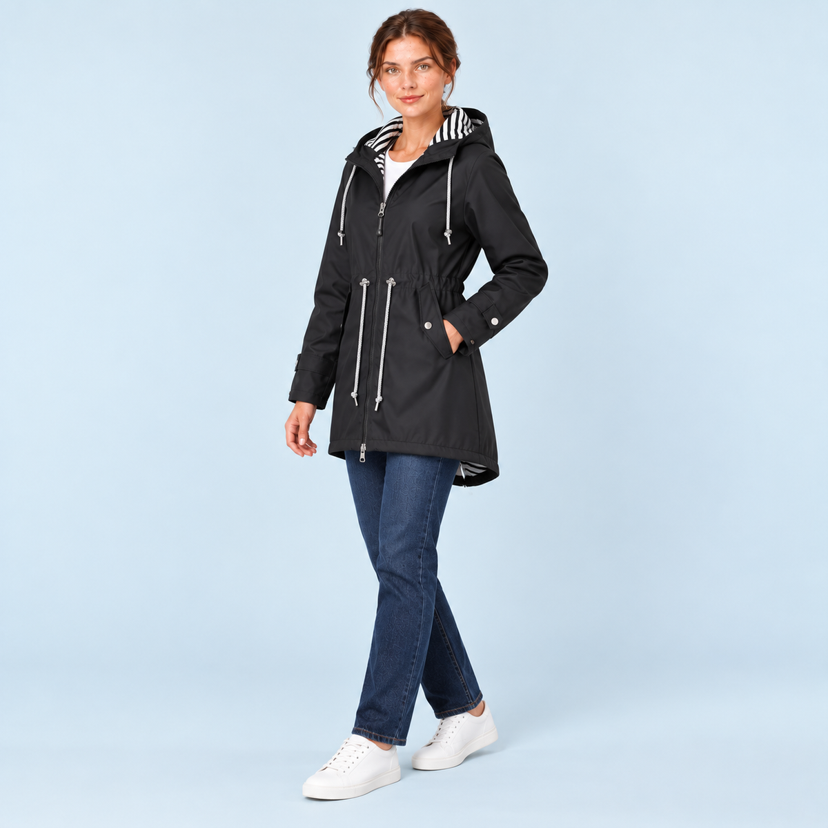 Parka femme à capuche rayée et taille ajustable — noir — profil