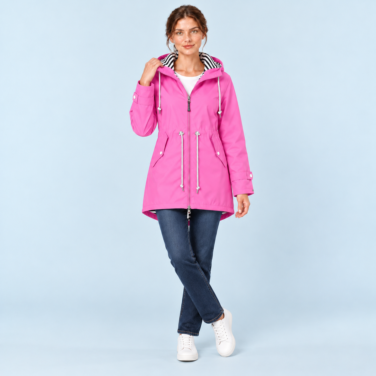 Parka femme à capuche rayée et taille ajustable — rose — face