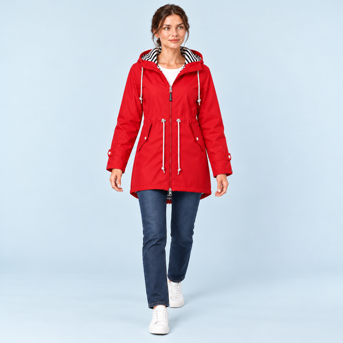 Parka femme à capuche rayée et taille ajustable — rouge — face