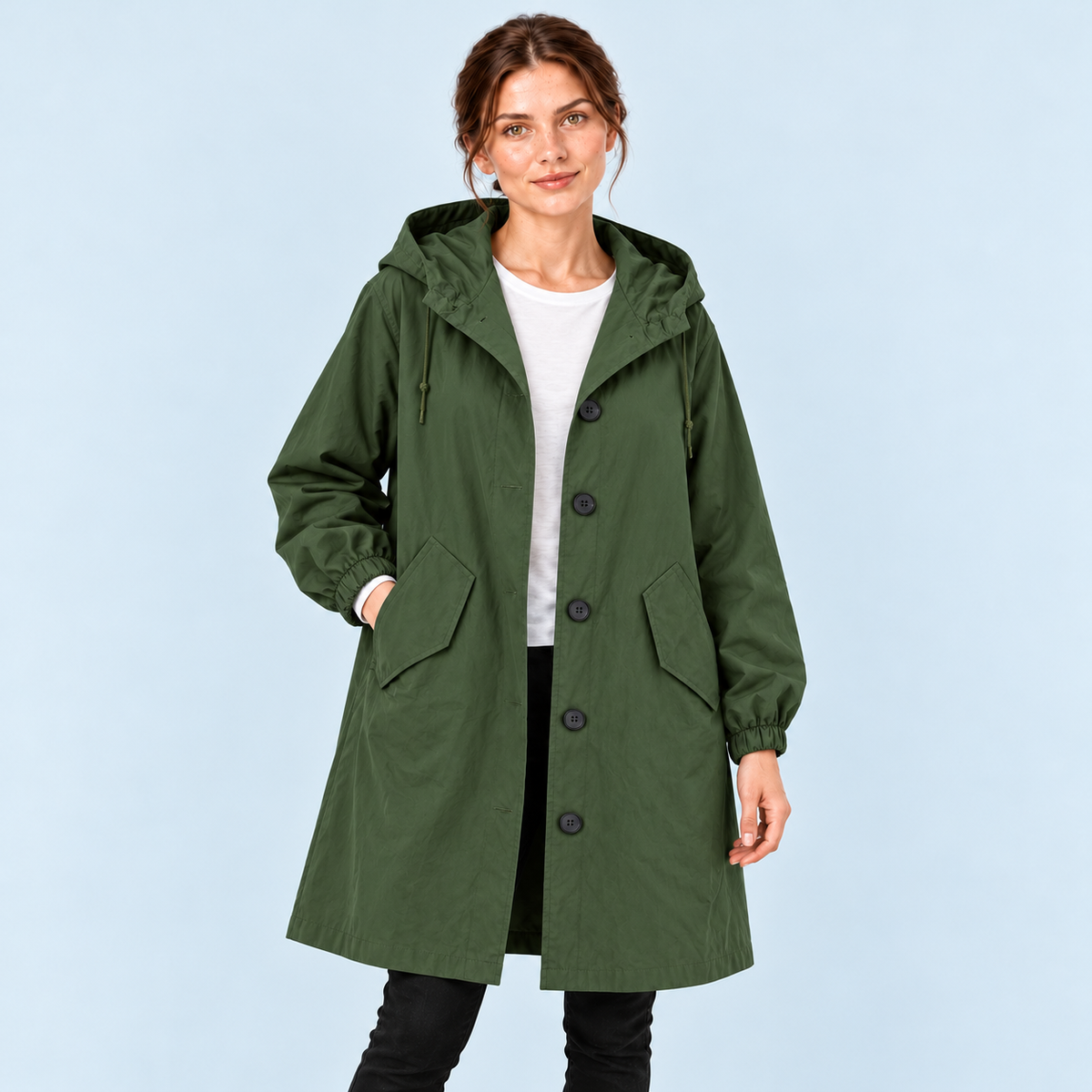Parka femme déperlante à capuche — kaki — vue face
