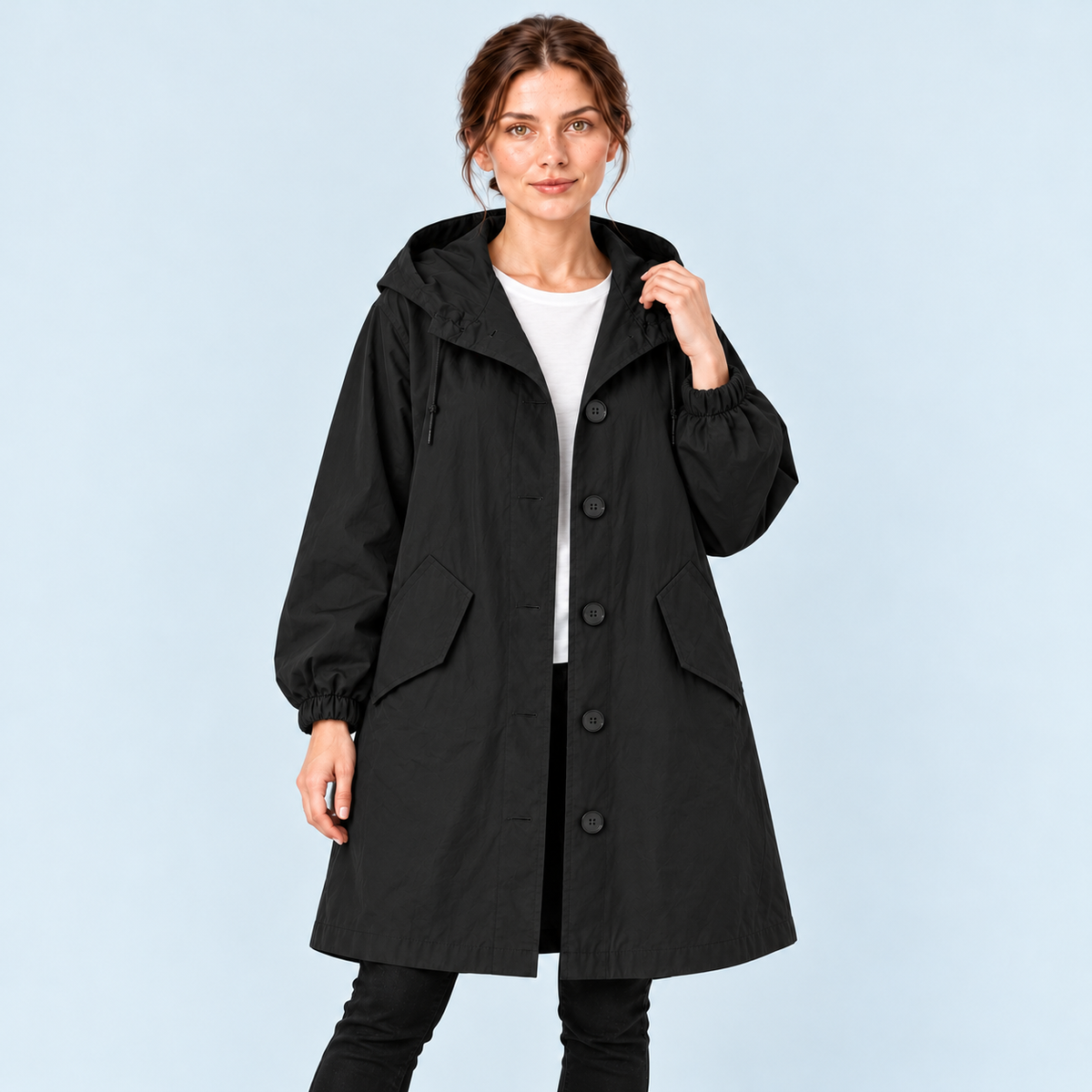 Parka femme déperlante à capuche — noir — vue face