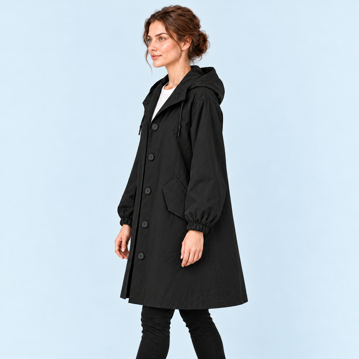 Parka femme déperlante à capuche — noir — vue profil