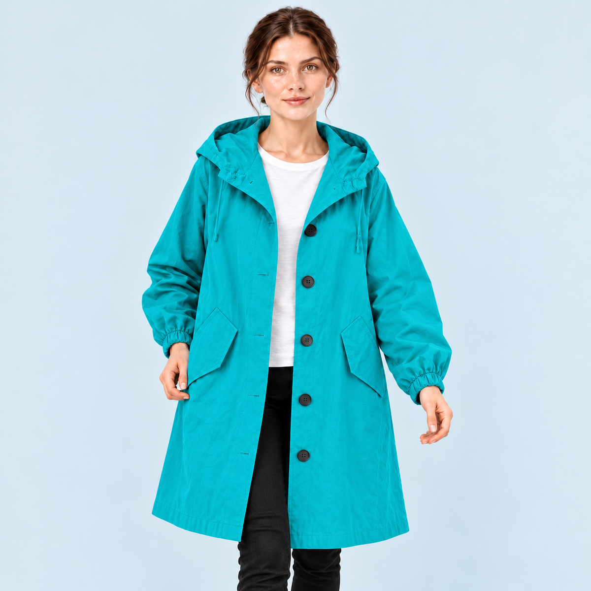 Parka femme déperlante à capuche — turquoise — vue face