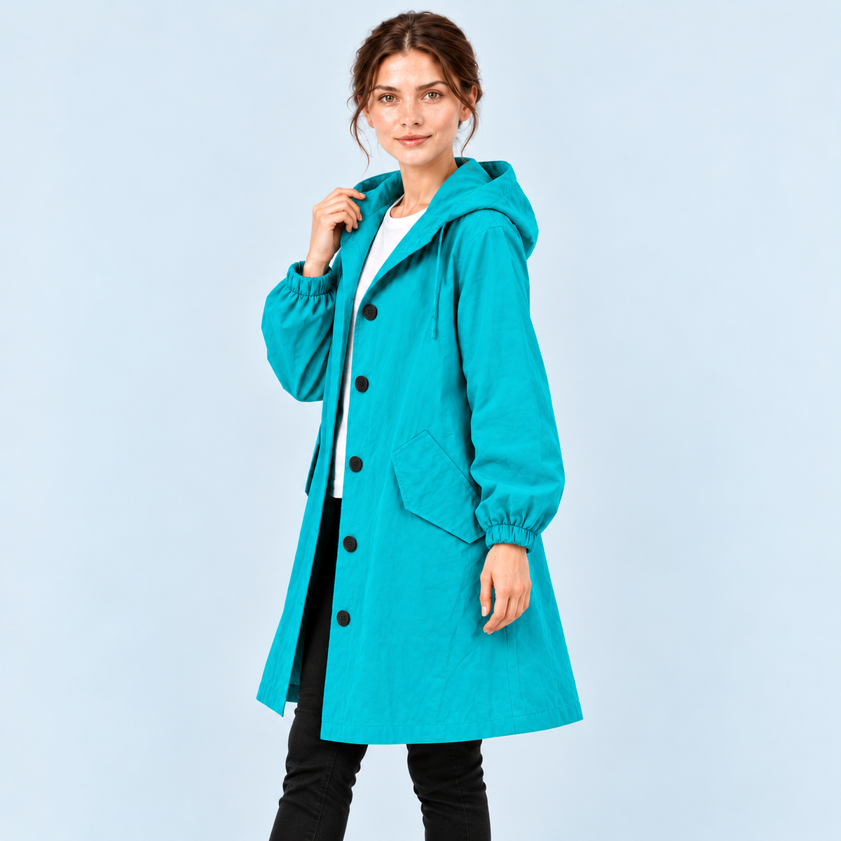 Parka femme déperlante à capuche — turquoise — vue profil