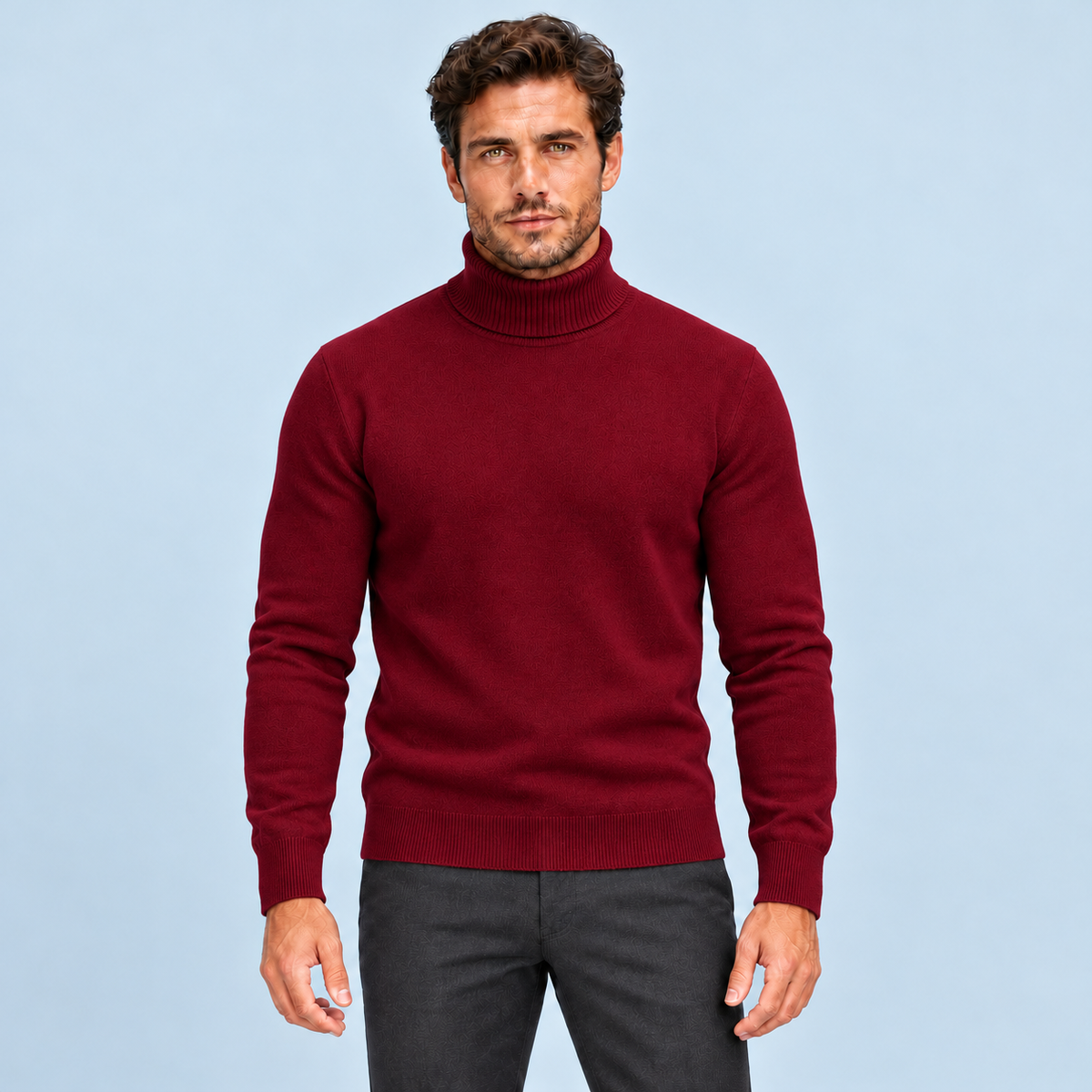 Pull homme bordeaux en maille fine à col roulé, vue de face sur modèle B