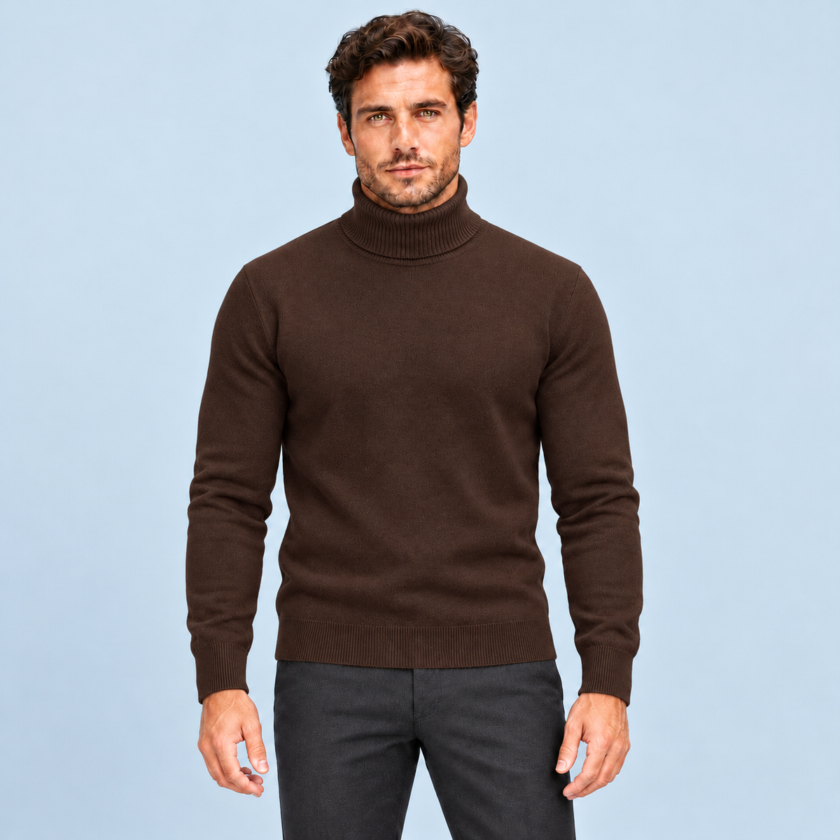 Pull homme marron en maille fine à col roulé, vue de face sur modèle B
