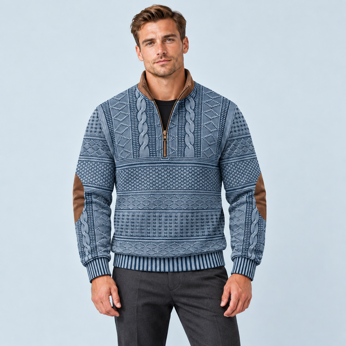Pull homme bleu à col zippé et motifs vintage, vue de face sur modèle D