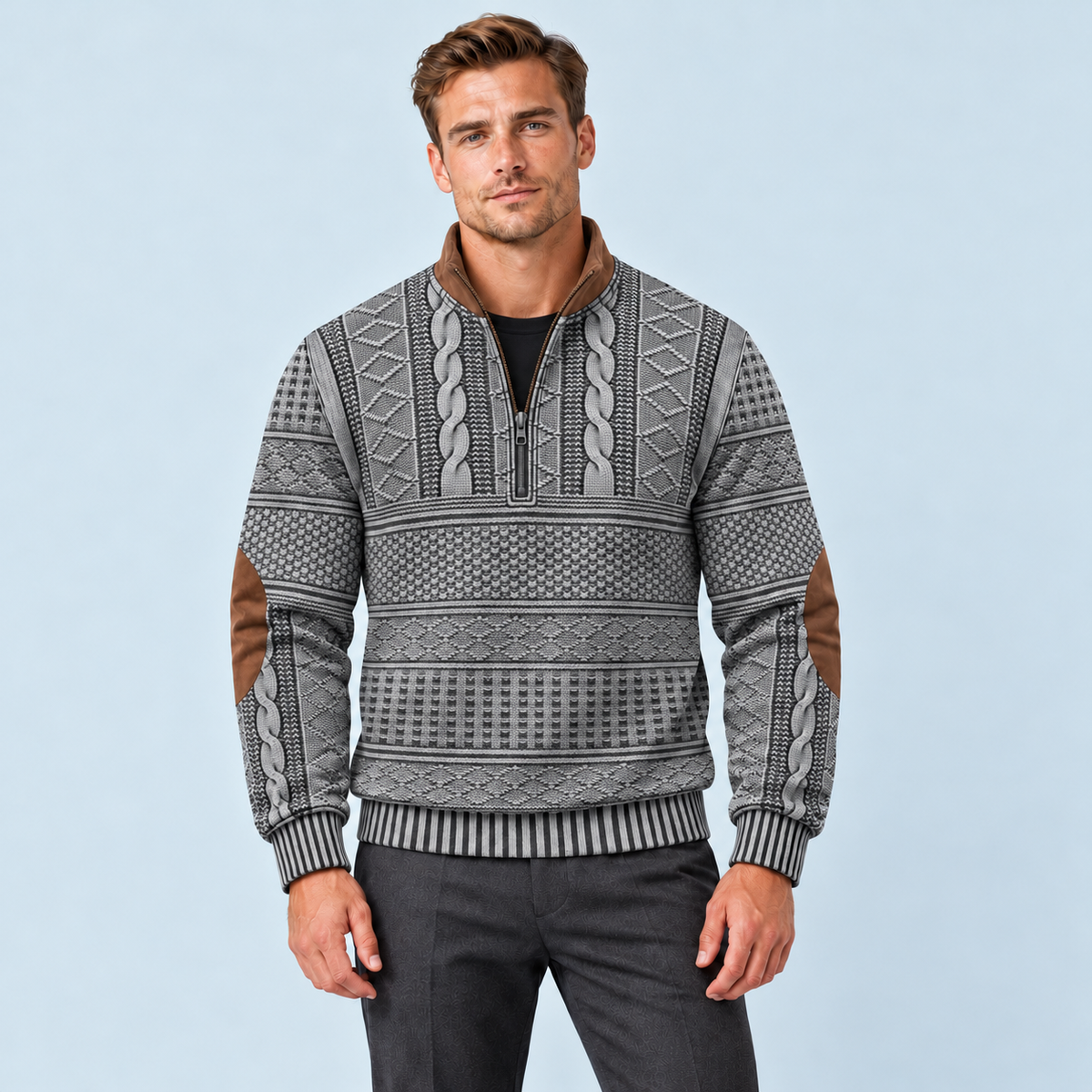 Pull homme gris à col zippé et motifs vintage, vue de face sur modèle D