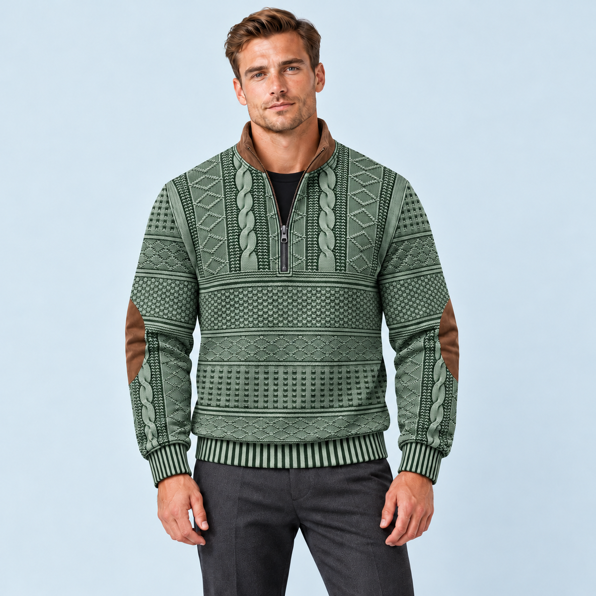 Pull homme vert à col zippé et motifs vintage, vue de face sur modèle D
