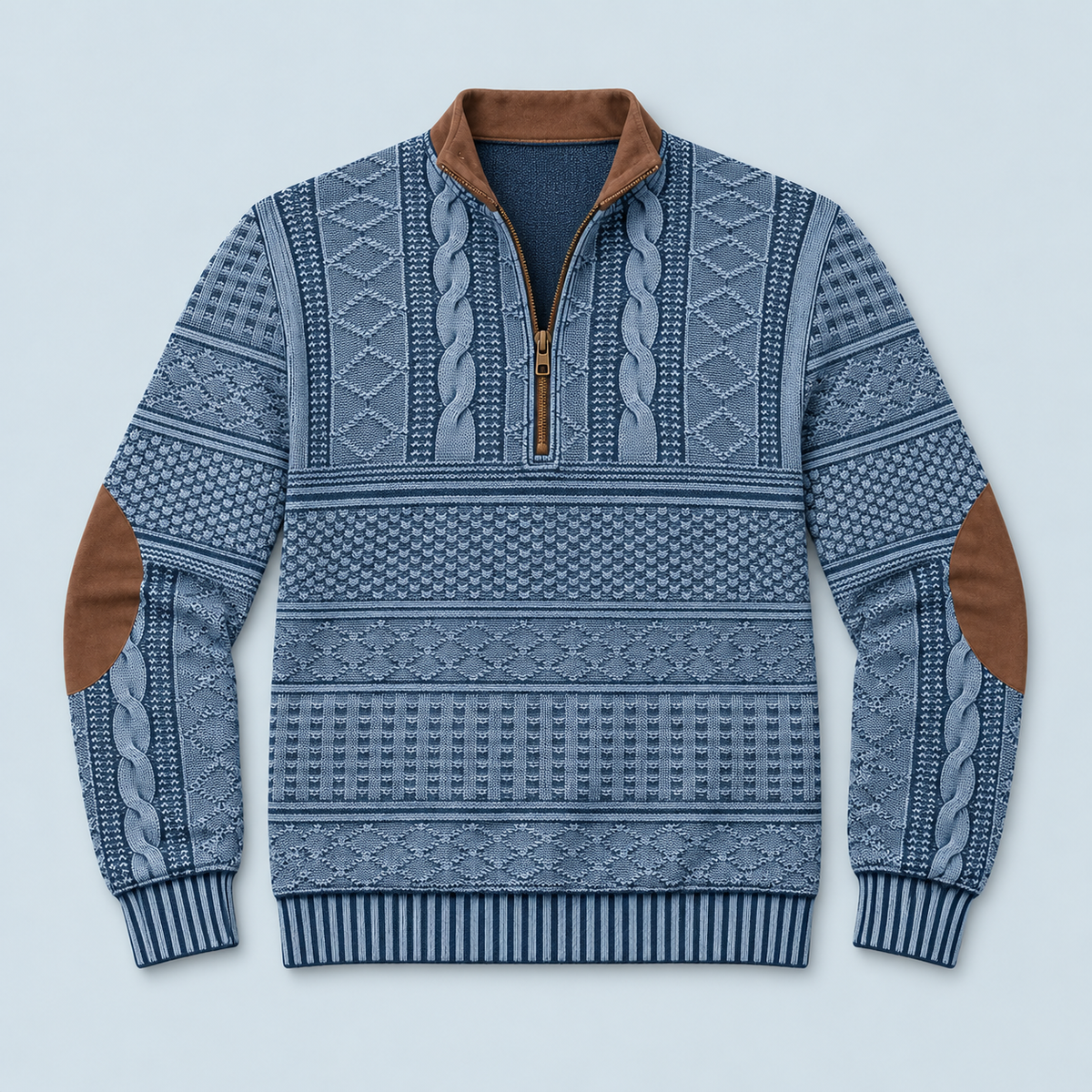Pull homme bleu à motifs vintage présenté à plat, vue de face