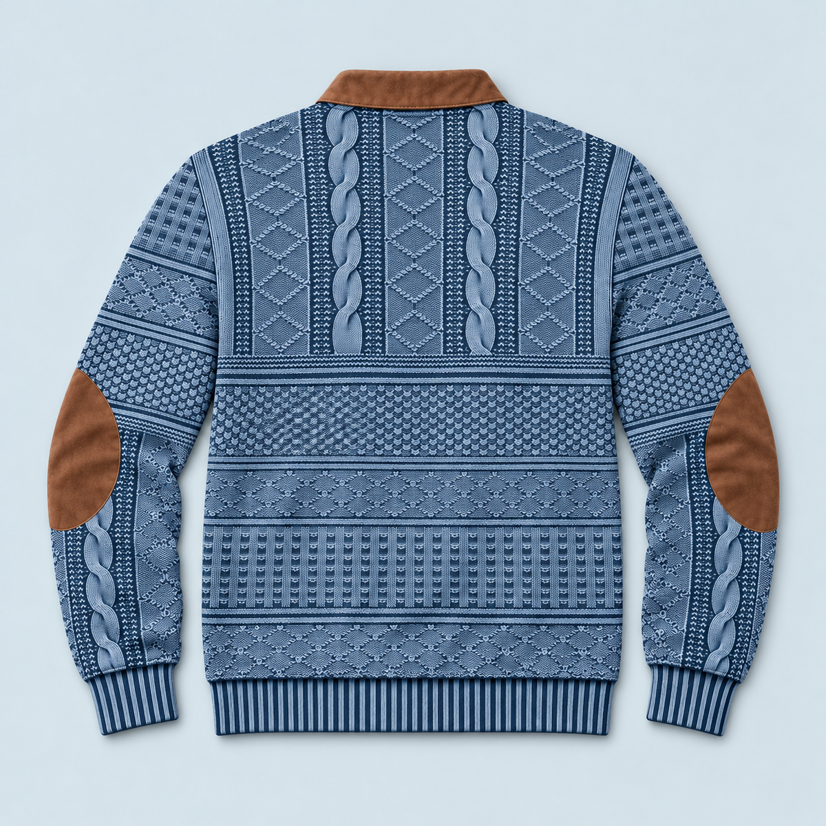Pull homme bleu à motifs vintage présenté à plat, dos reconstitué — détails à vérifier
