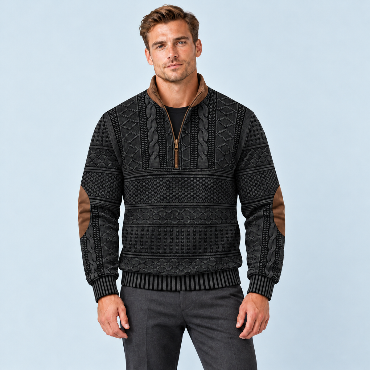 Pull homme noir à col zippé et motifs vintage, vue de face sur modèle D