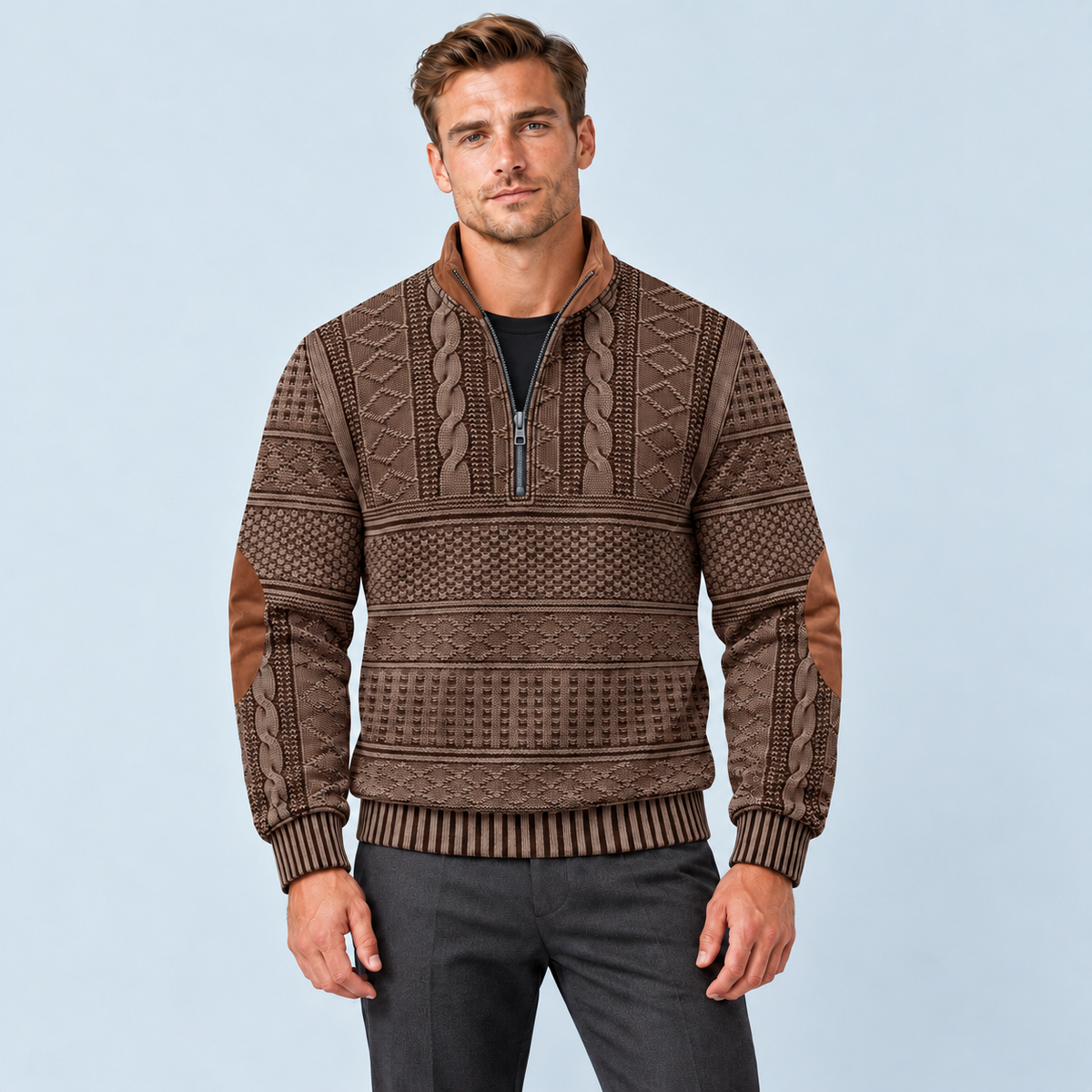 Pull homme marron à col zippé et motifs vintage, vue de face sur modèle D