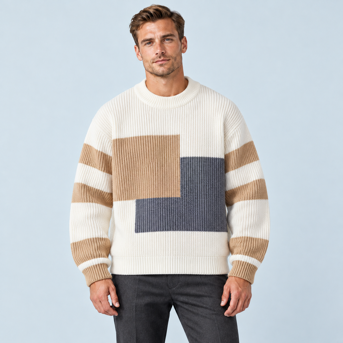 Pull homme en maille à blocs de couleurs et col rond — blanc face