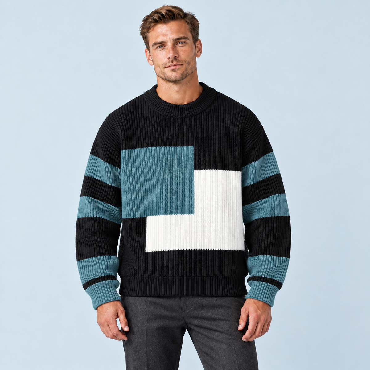 Pull homme en maille à blocs de couleurs et col rond — noir face