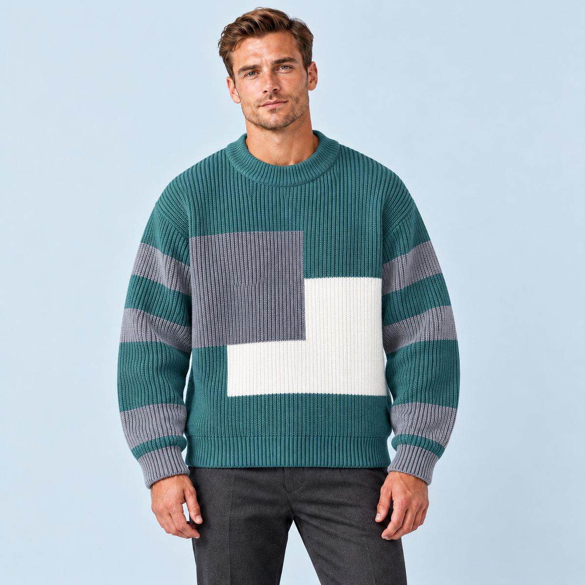 Pull homme en maille à blocs de couleurs et col rond — vert face