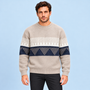 Pull homme en maille à motif géométrique et col rond — beige face