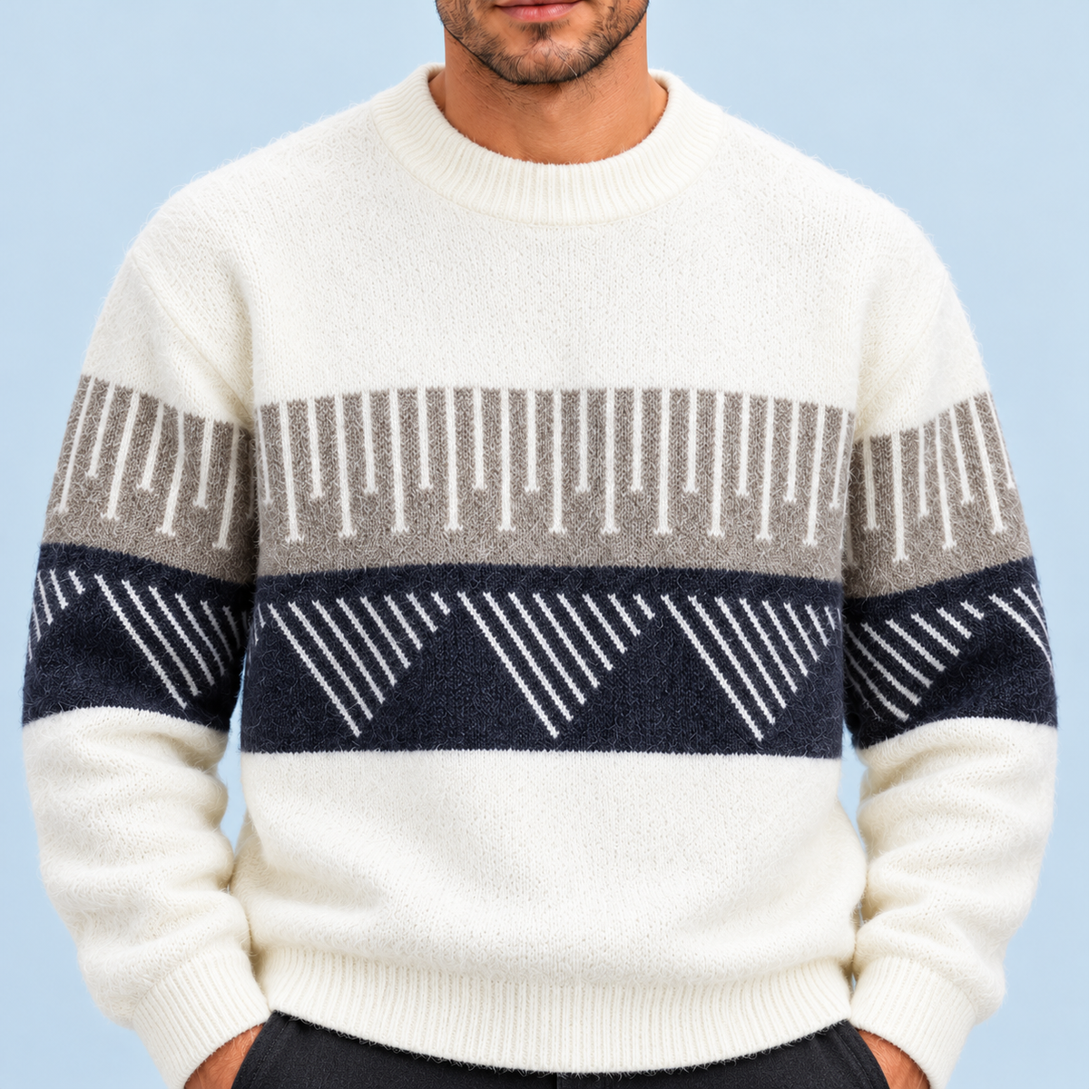 Pull homme en maille à motif géométrique et col rond — blanc detail