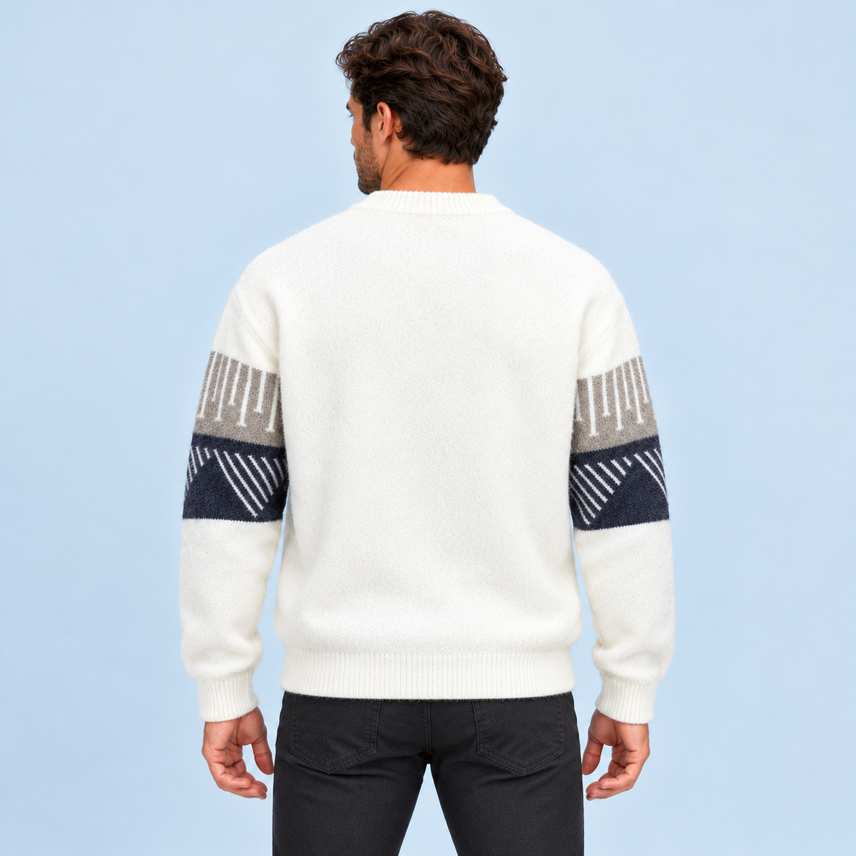 Pull homme en maille à motif géométrique et col rond — blanc dos