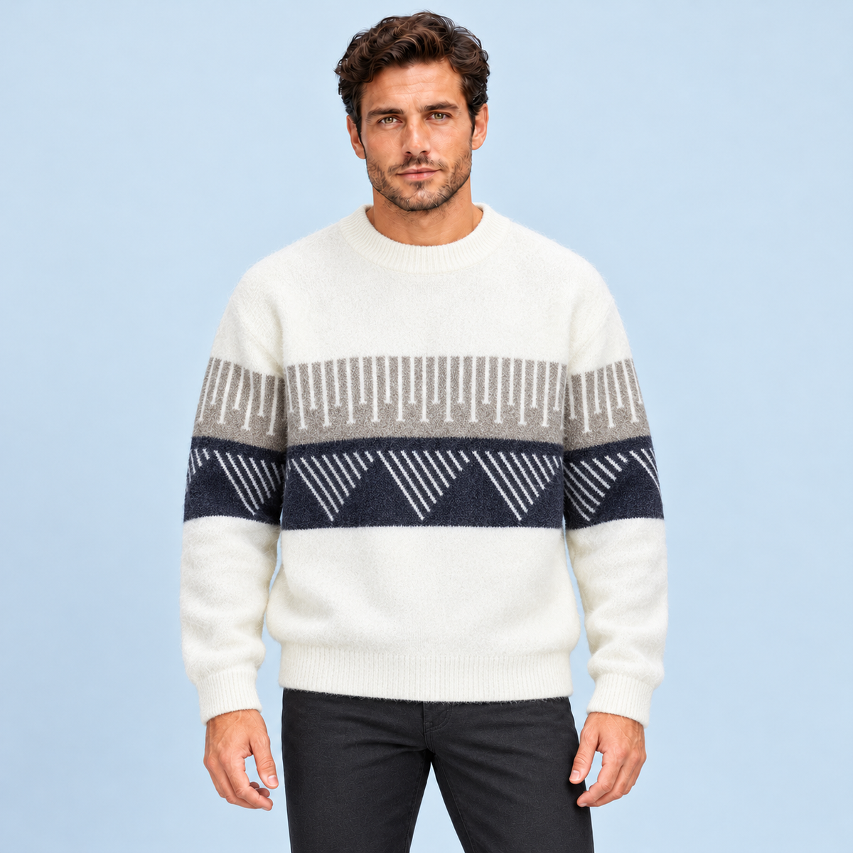 Pull homme en maille à motif géométrique et col rond — blanc face