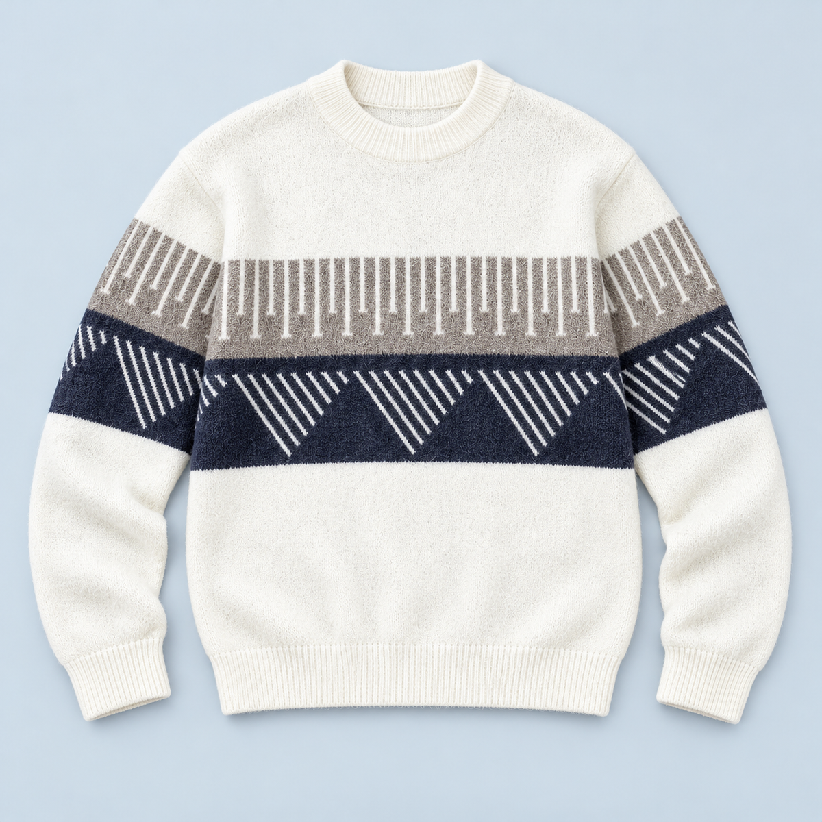 Pull homme en maille à motif géométrique et col rond — blanc flatlay face