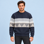 Pull homme en maille à motif géométrique et col rond — bleu marine face