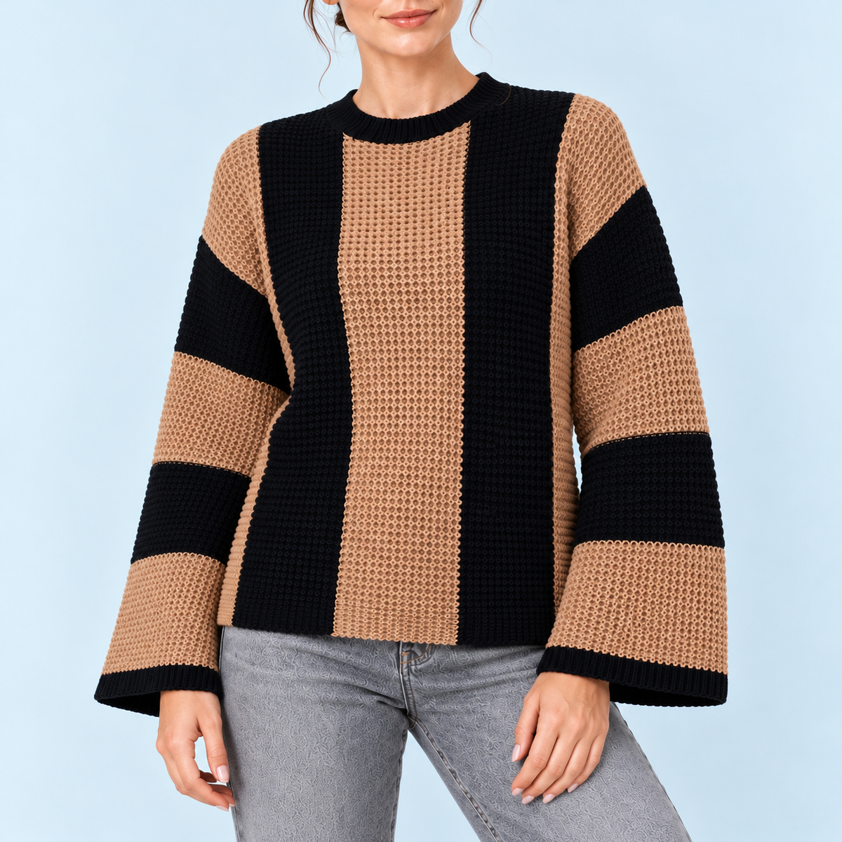 Pull femme rayé à manches larges marron et noir — detail