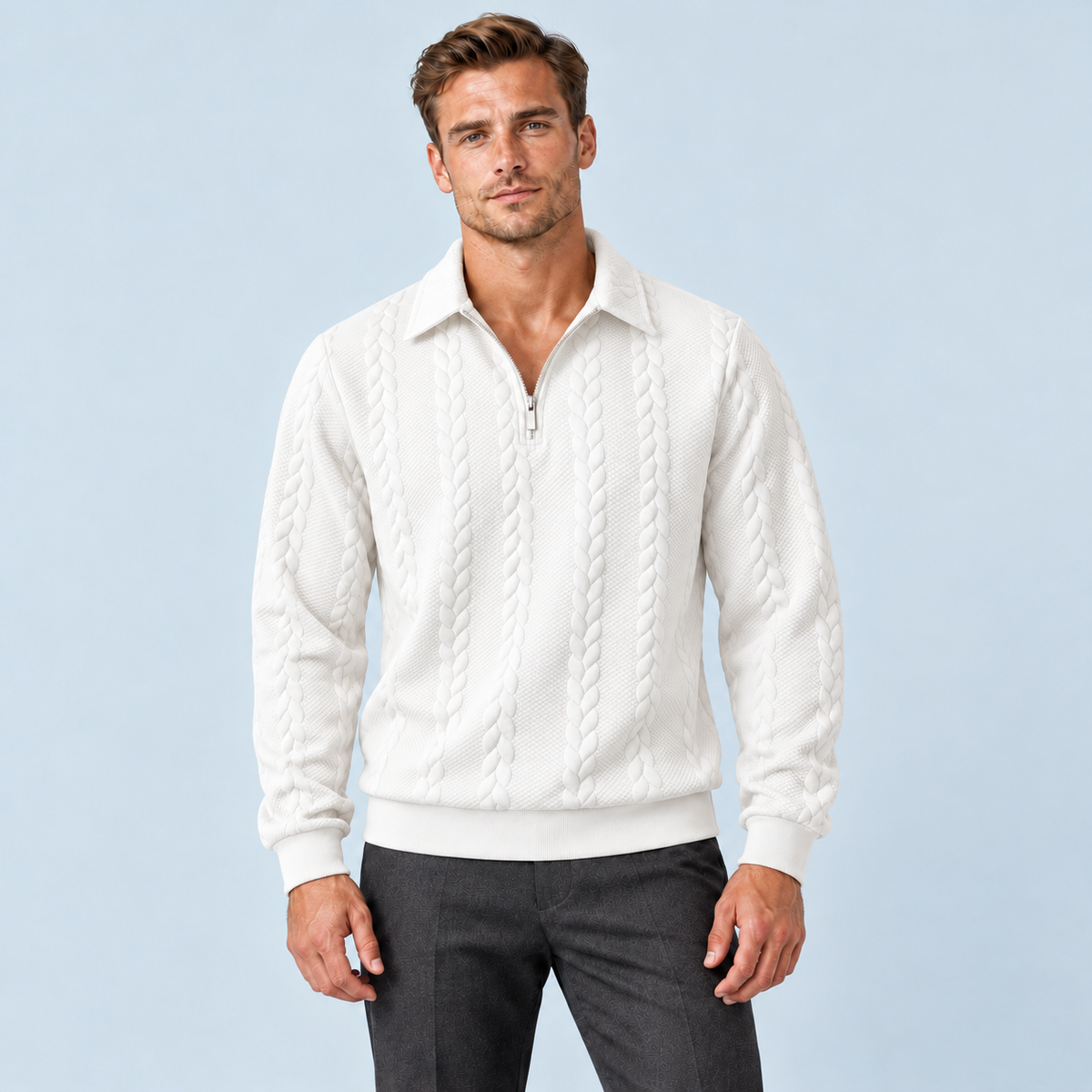 Pull homme à motifs torsadés blanc, vue de face sur le Modèle D