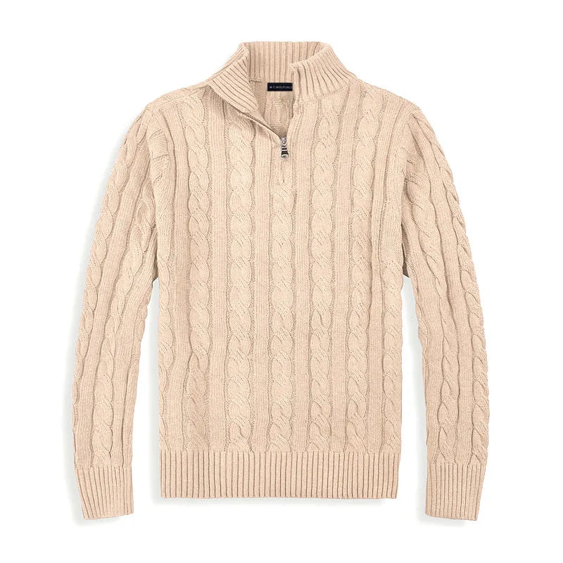 Pull torsadé homme beige à col camionneur zippé — photo source temporaire à remplacer